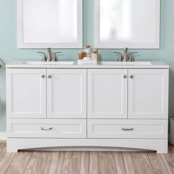 Glacier Bay Lancaster 60 in. W x 19 in. D x 33 in. H Double Sink Freestanding Bath Vanity in White with White Cultured Marble Top