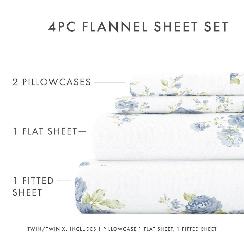 Light Blue Floral Cotton Flannel Queen Sheet Set