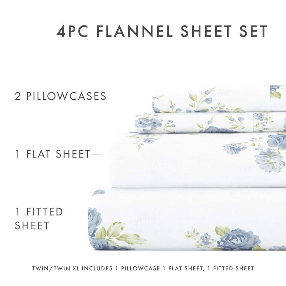Light Blue Floral Cotton Flannel Twin Sheet Set with Deep Pockets