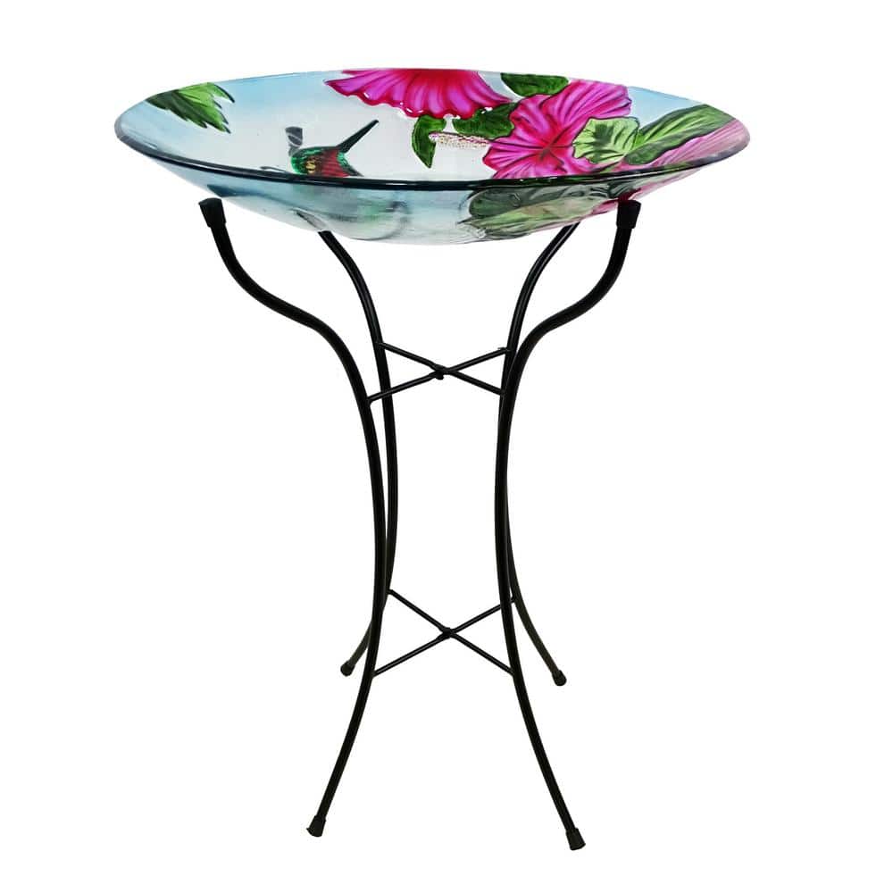 18" Multicolor Glass Birdbath with Metal Stand and Hummingbird Design