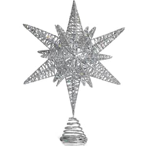 Silver Star Tree Topper - Christmas Silver 3D Glitter Star Ornament Treetop Decoration