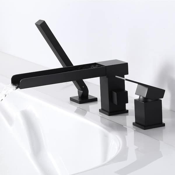 Single-Handle Deck-Mount Roman Tub Faucet with 360° Swivel Waterfall Spout, Hand Shower with 59" Hose in Matte Black