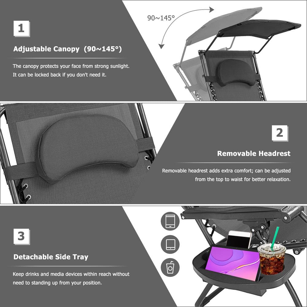 Black Steel Folding Chaise Lounge Chair with Adjustable Sun Shade Canopy
