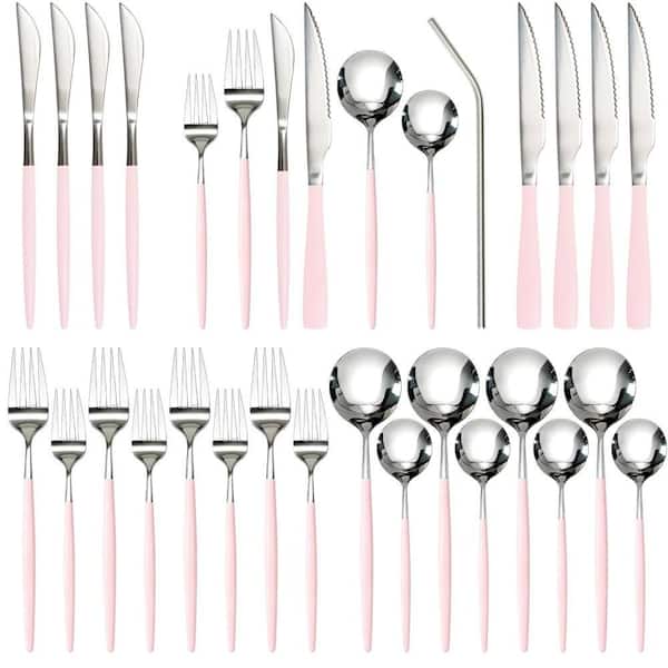 24-Piece Food-Grade Stainless Steel Flatware Set for 4 with Spoons and Forks for Home, Kitchen, Restaurant, Pink