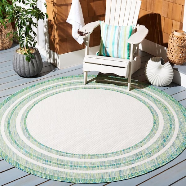 Courtyard Ivory/Green 4 ft. x 4 ft. Solid Color Striped Indoor/Outdoor Round Area Rug