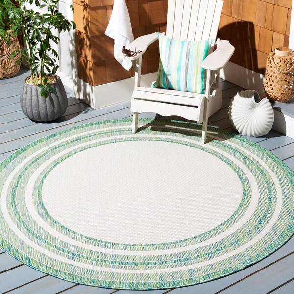 Courtyard Ivory/Green 5 ft. x 5 ft. Solid Color Striped Indoor/Outdoor Round Area Rug
