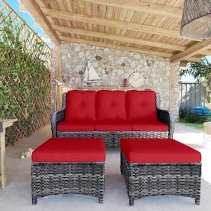 Wicker Outdoor Patio Sofa Sectional Set with Red Cushions and Ottoman