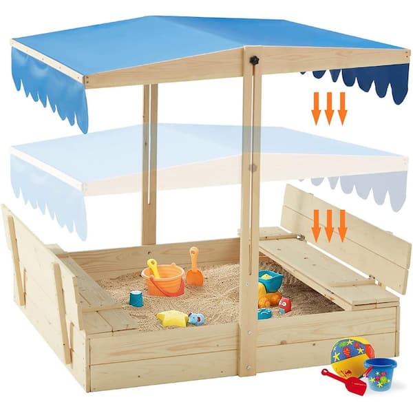 3.6 ft. W x 3.6 ft. L Wood Square Outdoor Sandbox for Kids with 2 Foldable Bench Seats and Adjustable Canopy Roof, White