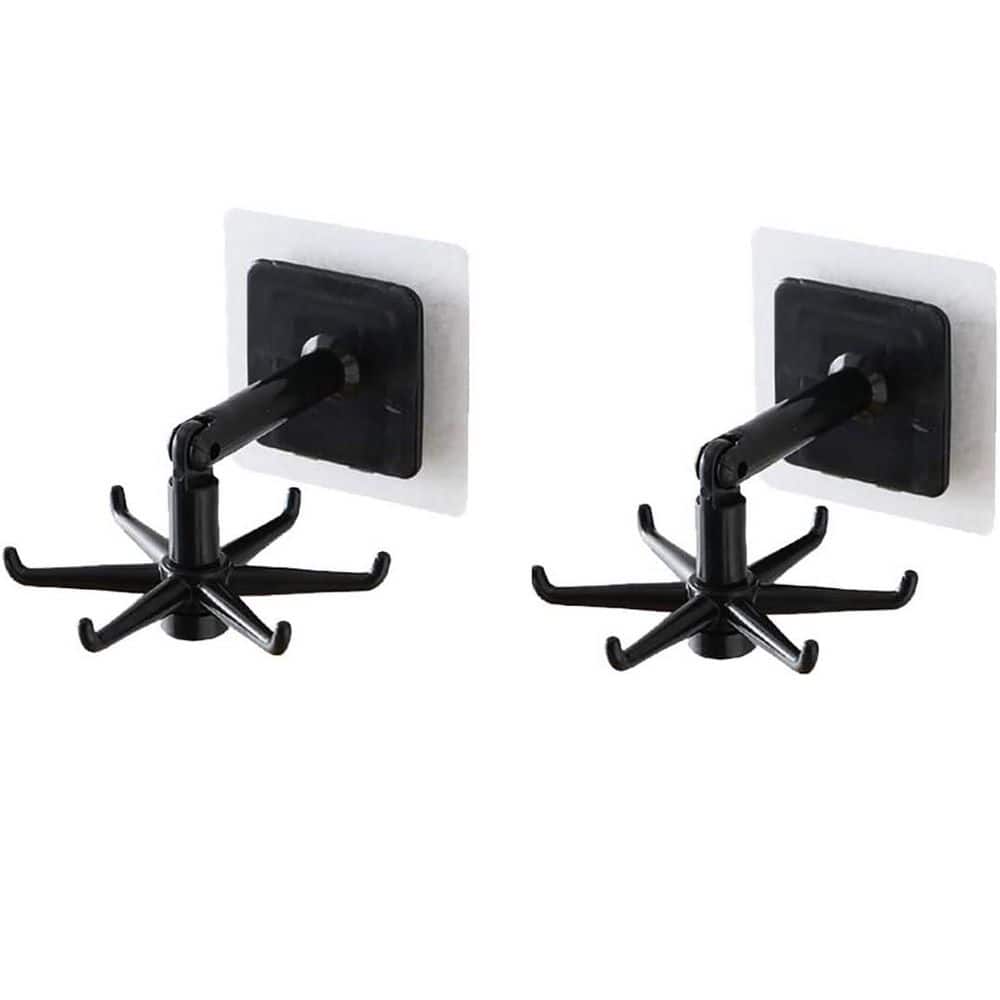 Kitchen Utensil Hanger 2-Piece Black Plastic 6 Hooks 360° Rotatable Space Saving No Drilling Wall Organizer