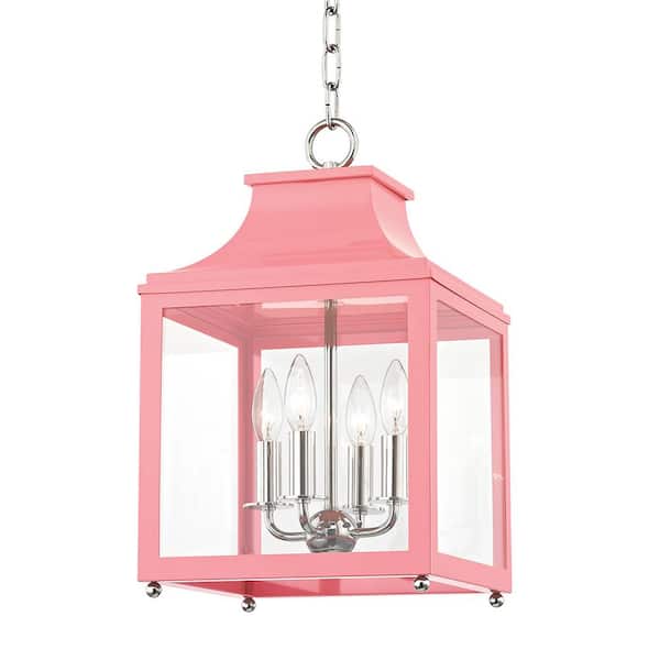 MITZI HUDSON VALLEY LIGHTING Leigh 4-Light 11.5 in. W Polished Nickel/Pink Pendant with Clear Glass Panel
