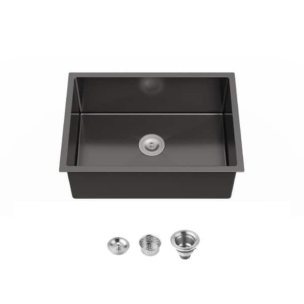 27 in. Drop-In/Undermount Single Bowl 20-Gauge Black Stainless Steel Kitchen Sink with Standard Drain and Hook