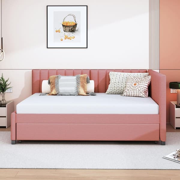 Alvara Modern Pink Linen Tufted Upholstered Wood Frame Full Size Daybed with Trundle