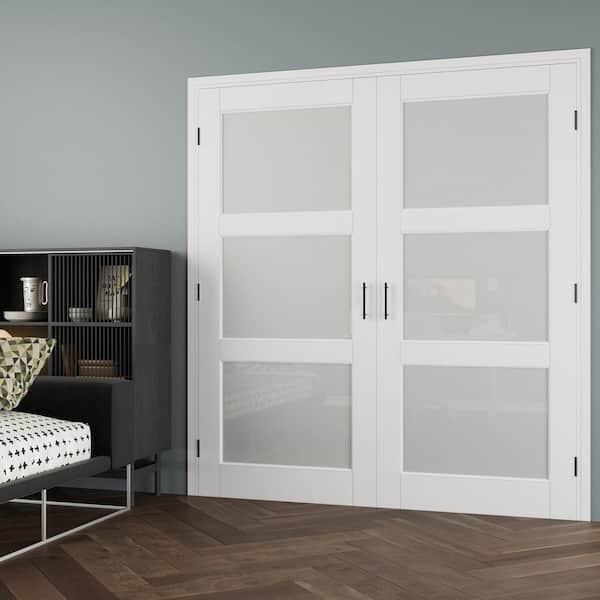 72 in. x 80 in. 3-Lite Frosted Glass Universal White Solid Core Glass Double Prehung French Door + Quick Jamb&Ball Catch