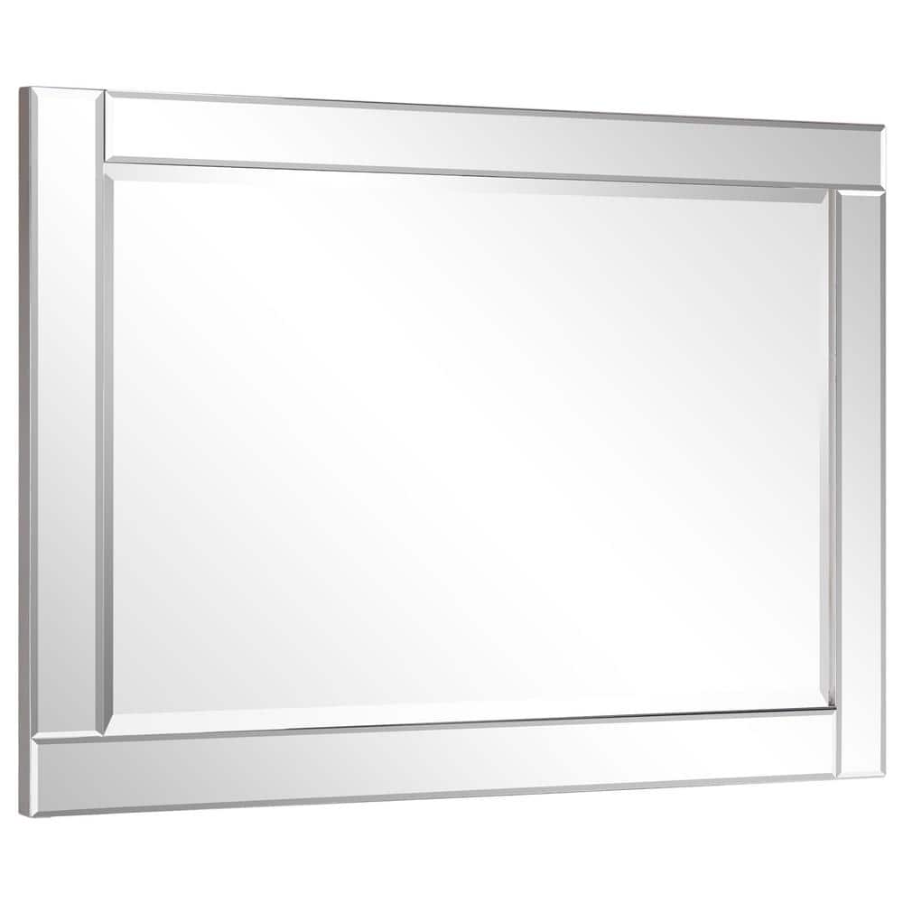 Silver Beveled Rectangular Wall Mirror with Wood Frame