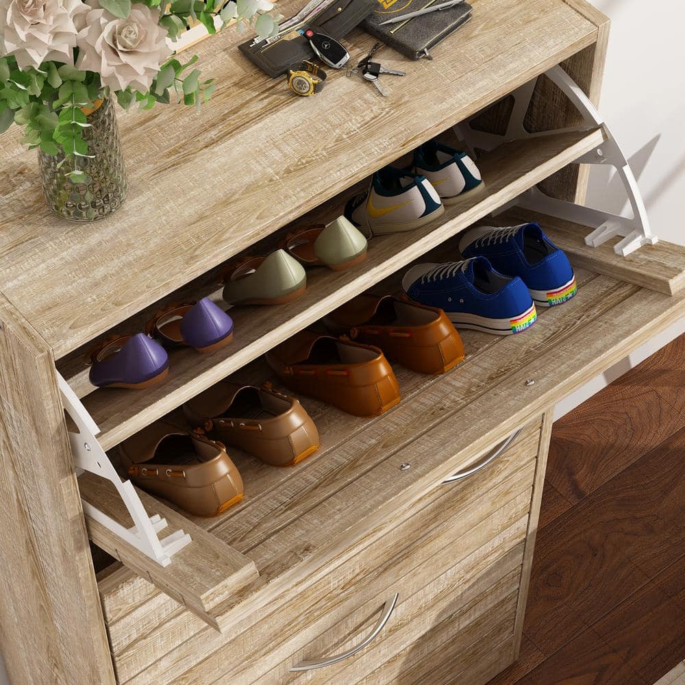 Brown Wood Grain 3-Tier Shoe Storage Rack with Metal Handles