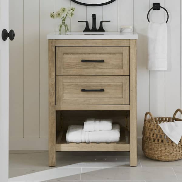 Autumn 24 in. Single Sink Weathered Tan Bath Vanity with White Engineered Stone Top (Assembled)