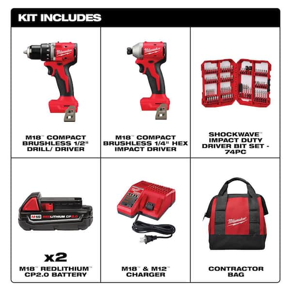 M18 18V Lith-Ion Brushless Cordless Compact Drill/Impact Combo Kit (2-Tool) w/(2) 2.0 Ah Batteries, Charger, & Bit Set