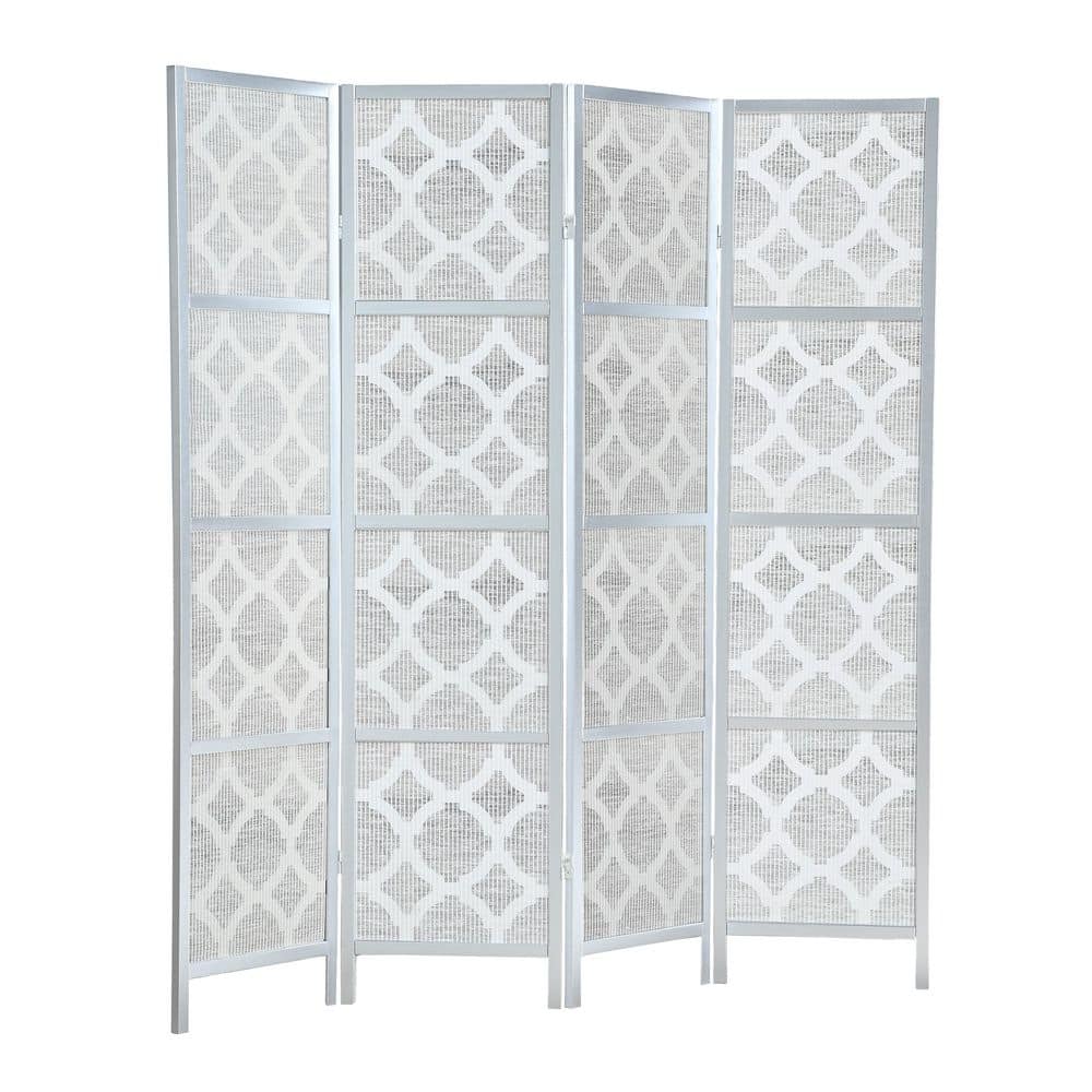 69.28 in. W x 70.3 in. H Silver 4-Panel Room Divider, Infused Diamond Design Solid Pine Wood Frame
