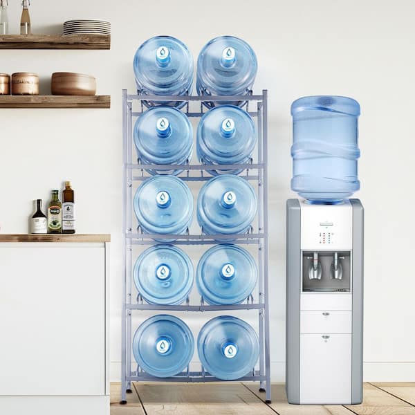 5-Tiers Water Jug Holder, 5-Gallon Water Bottle Holder, Double Row Water Bottle Rack for 10-Bottles, Silver Gray