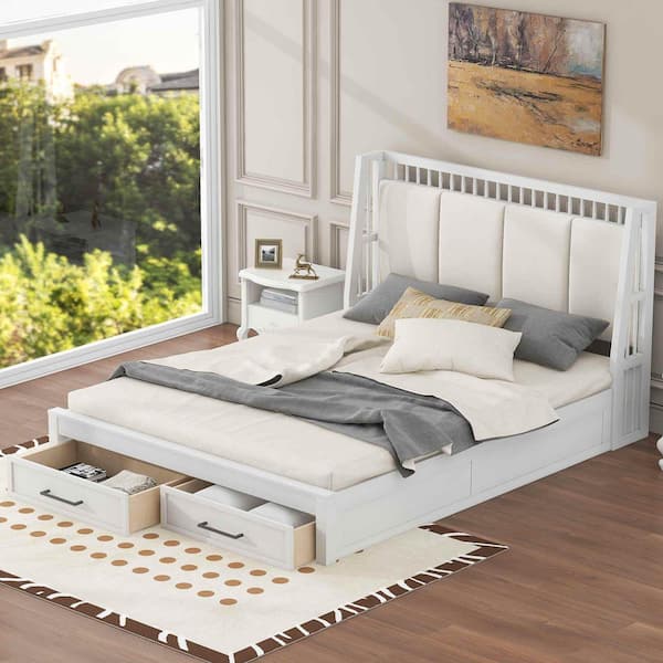 White Wood Frame Queen Size Platform Bed with Upholstered Headboard and 2 Drawers