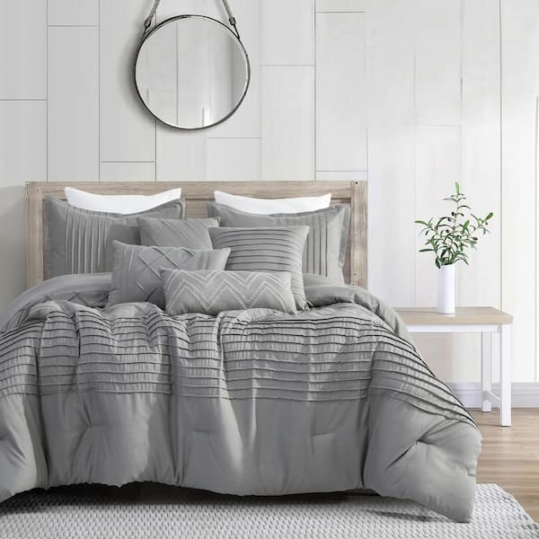 7 Piece Queen Luxury Dark Gray microfiber Oversized Bedroom Comforter Sets