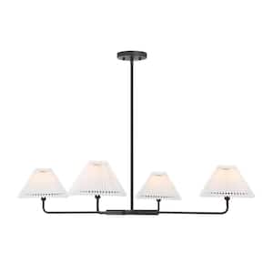 4-Light Matte Black Minimalistic Chandelier with White Pleated Fabric Shades