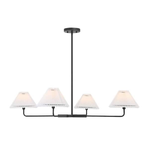 Savoy House 4-Light Matte Black Minimalistic Chandelier with White Pleated Fabric Shades
