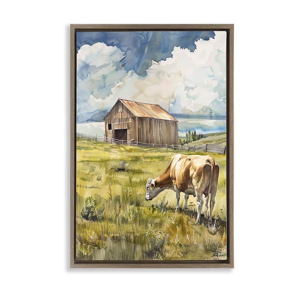 Stupell Industries Cow in Vast Field by Franklyn Gregory Brown Floater Frame Nature Graphic Art Print 25 in. x 17 in.