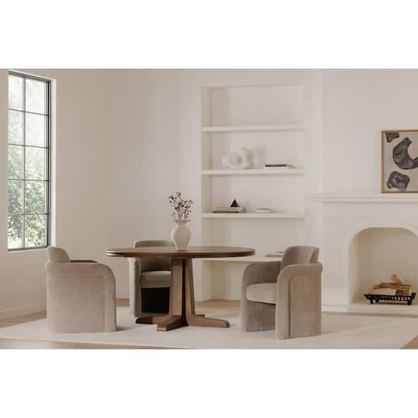 NADAAL STUDIOS Amara Taupe Dining Chair, English Roll with Pleated Details, Polyester Upholstery - Rolling/Stable Option