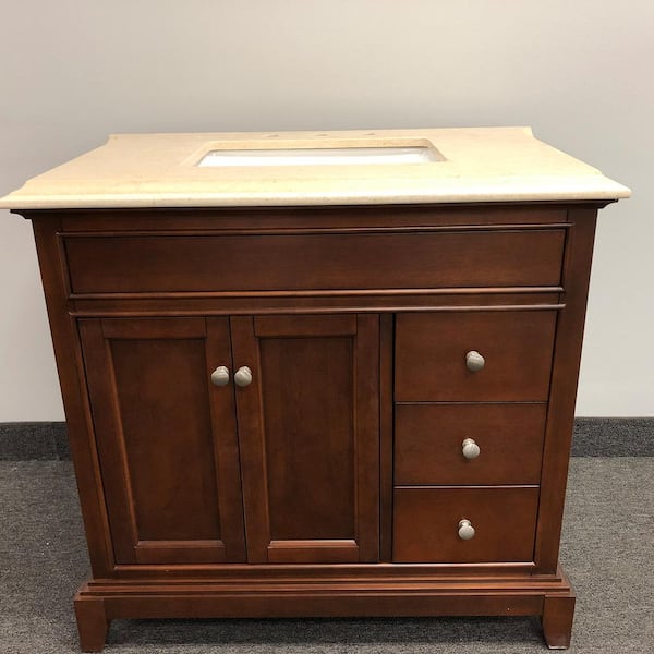 Eviva Elite Princeton 36 in. W x 23.5 in. D x 33.75 in. H Freestanding Single Bath Vanity in Teak with Crema Marfil Marble Top