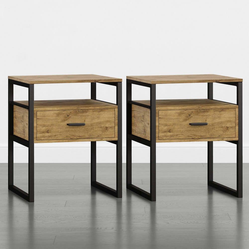 Miri Natural Industrial Nightstand with Drawer, End Table with Storage, Wood and Metal Bedside Table, Set of 2