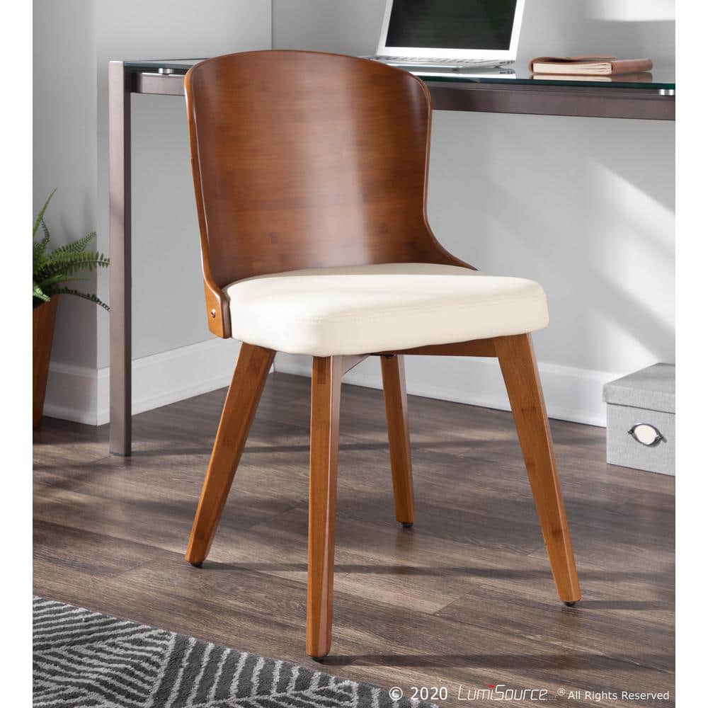 Walnut and Cream Faux Leather High Side Chair with Mid-Century Charm