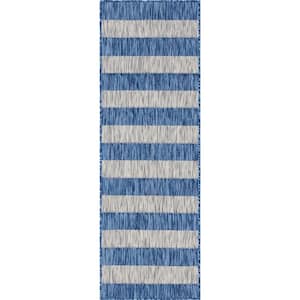 Outdoor Distressed Stripe Azure Blue 2 ft. x 6 ft. Runner Rug