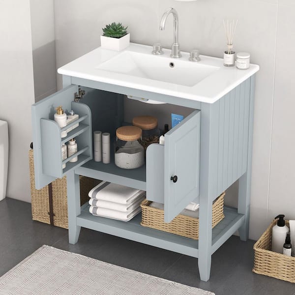 30 in. W. x 18.3 in. D x 33.5 in. H Single Sink Freestanding Bath Vanity in Gray with White Ceramic Top