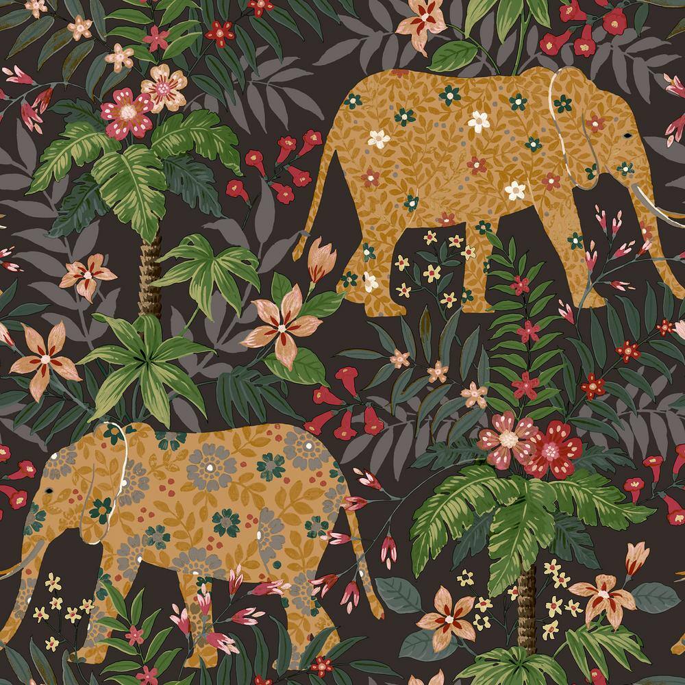 Into The Wild Black Metallic Floral Elephant Non-Pasted Non-Woven Paper Wal