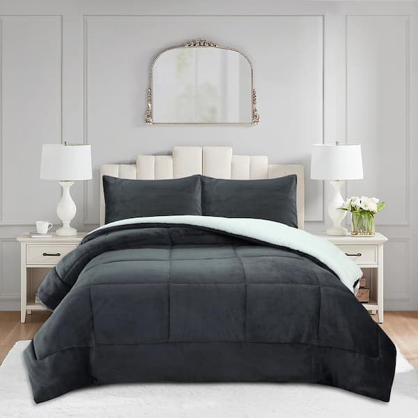MarCielo MEB519 Grey Plaid King Size Polyester Soft Plush Sherpa Comforter Set