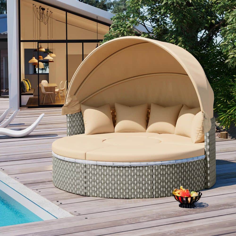6-Piece Wicker Outdoor Round Day Bed, Patio Sectional Sunbed with Retractab