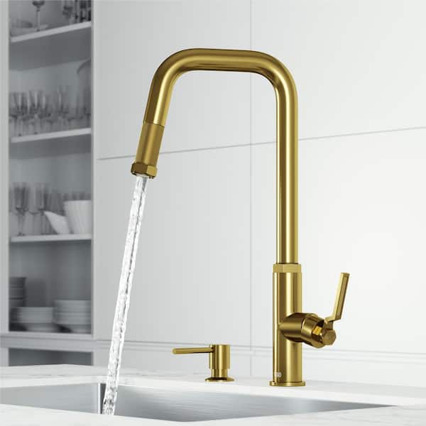 VIGO Hart Angular Single Handle Pull-Down Spout Kitchen Faucet Set with Soap Dispenser in Matte Brushed Gold