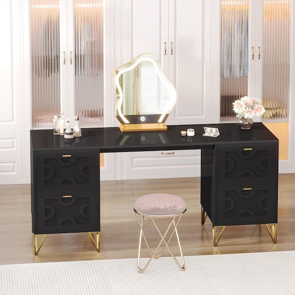 BYBLIGHT Helotes Black Makeup Vanity Desk with 4-Drawers, 59 in. Large Dressing Table with Unique Metal Gold Legs (Only Desk)