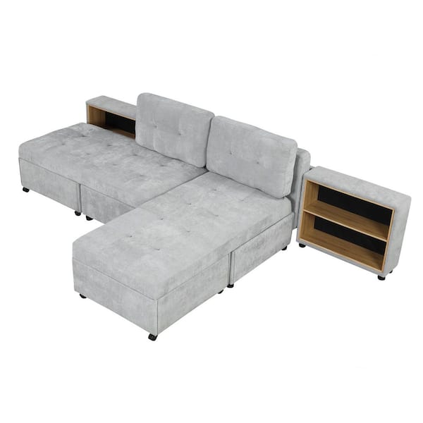121.2 in. Versatile Sofa Bed Modular Free-combined Chenille 4 Seat Sectional Sofa in Gray with 2 Storage Racks