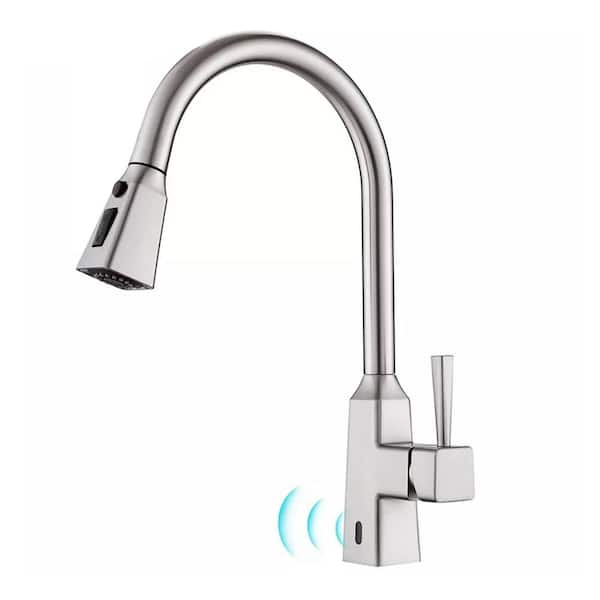 matrix decor Single Handle Touchless Gooseneck Pull Down Sprayer Kitchen Faucet and Handles in Brushed Nickel