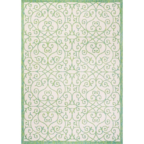 Madrid Vintage Filigree Textured Weave Cream/Green 5 ft. x 8 ft. Indoor/Outdoor Area Rug