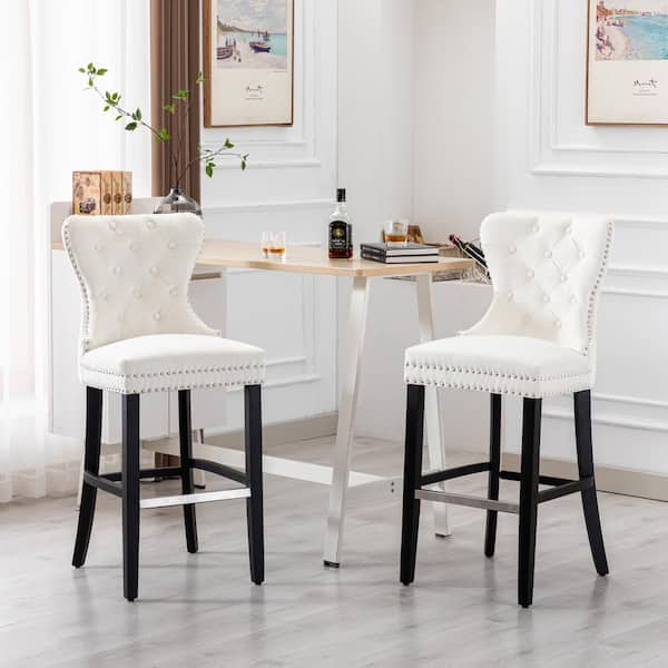 Harper 29 in. Cream Velvet Tufted Wingback Kitchen Counter Bar Stool with Black Solid Wood Frame (Set of 2)
