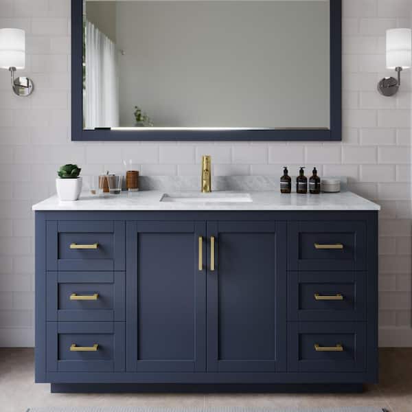 Wyndham Collection Miranda 60 in. W Single Bath Vanity in Dark Blue with Marble Vanity Top in White Carrara with White Basin and Mirror
