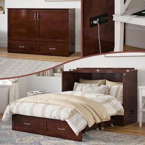 Hamilton Full Walnut Murphy Bed Chest with Memory Foam Folding Mattress Built-in Charging Station and Storage Drawer