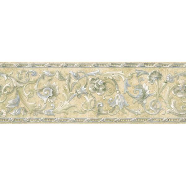 The Wallpaper Company 8 in. x 10 in. Blue and Beige Floral Scroll Border Sample