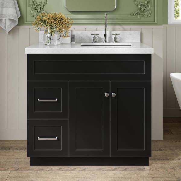 ARIEL Hamlet 37 in. W x 22 in. D x 36 in. H Bath Vanity in Black with White Carrara Marble Vanity Top