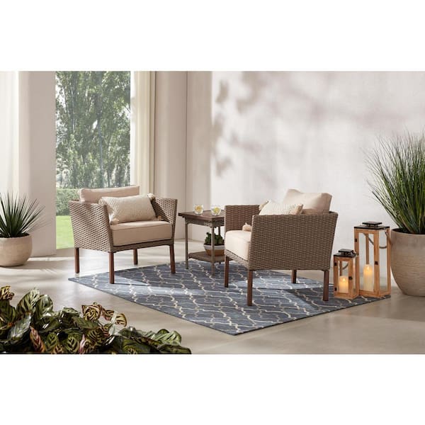StyleWell Oakshire 3-Piece Wicker Outdoor Patio Conversation Set with Tan Cushions
