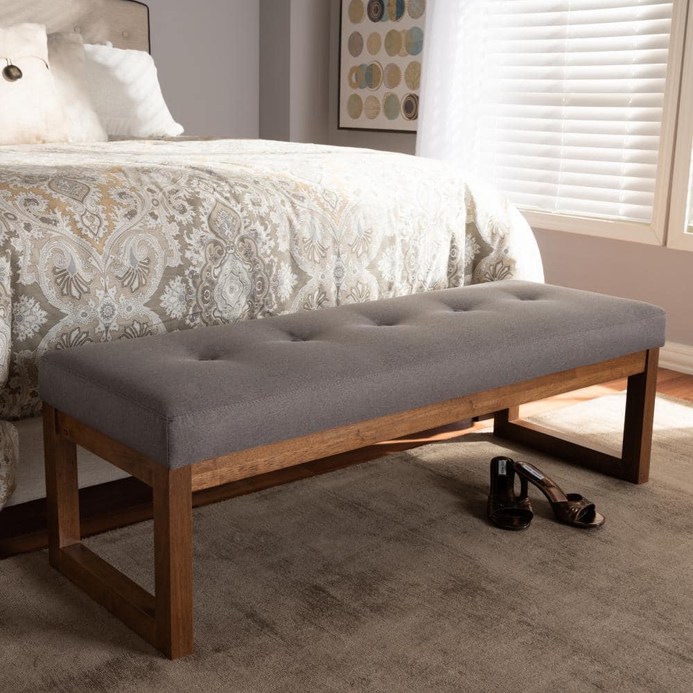 Caramay Grey Fabric and Walnut Wood Modern Storage Bench