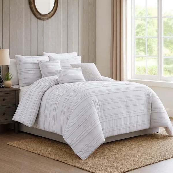6- Piece White and Gray Solid Print Cotton Queen Comforter Set
